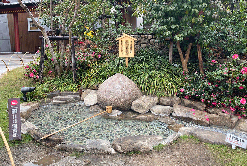 飛鳥乃湯泉 中庭（椿の森）の湯玉石で湯真珠祈願